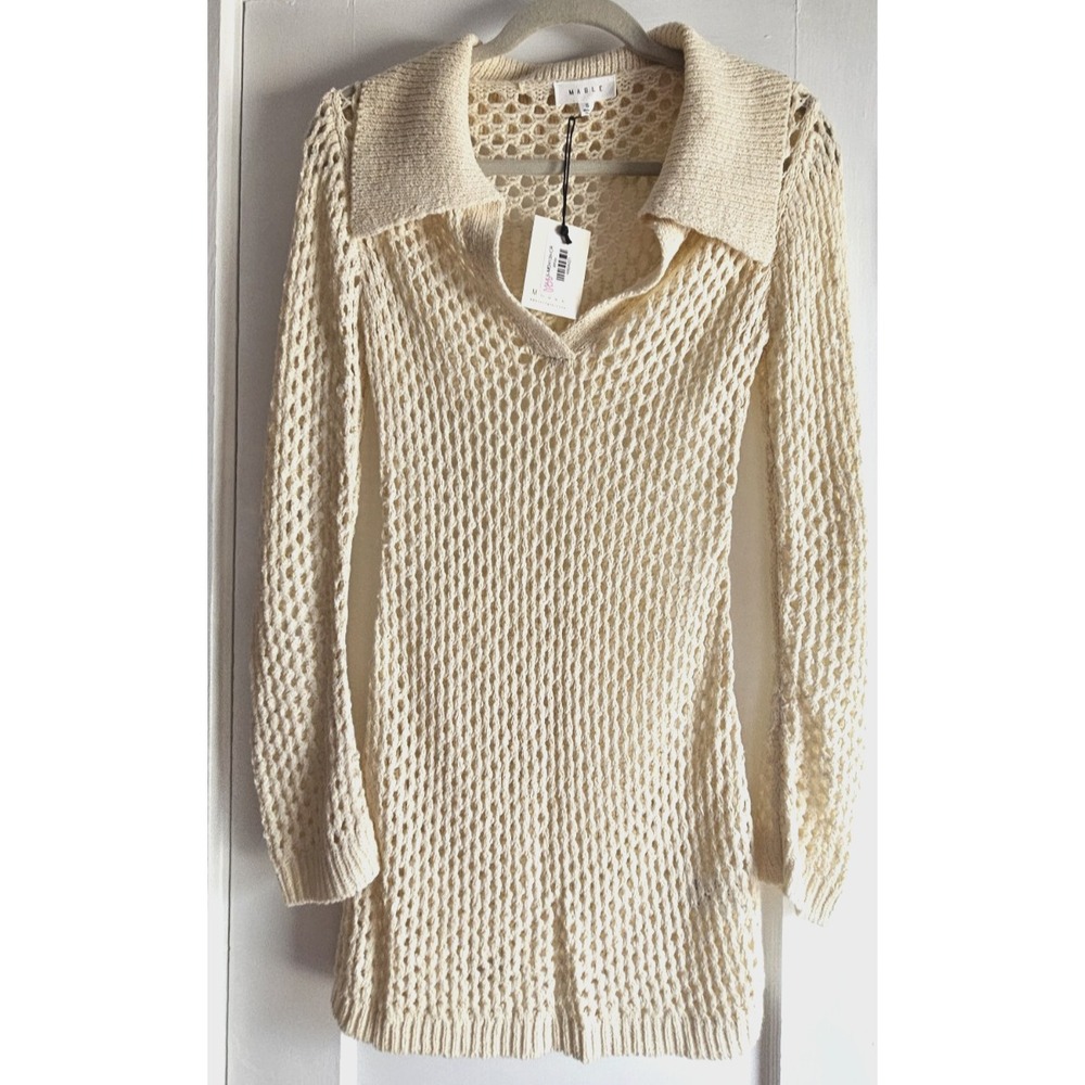 NWT MABLE Cream crochet knit collared Lonly sleeves mini sweater dress womans S